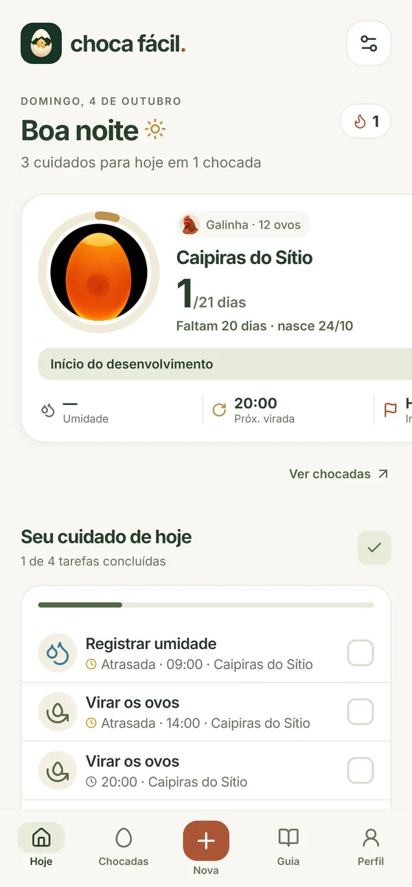 Tela Hoje com tarefas do dia